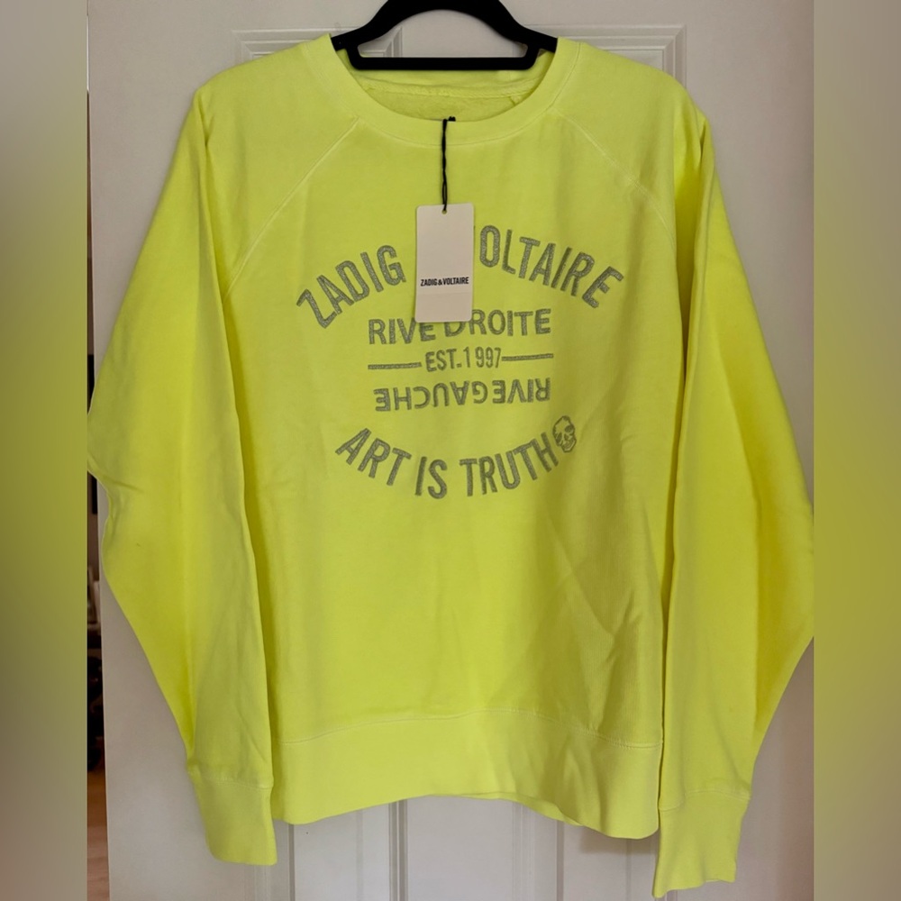 Zadig & Voltaire Electric Neon Yellow Embroidered Logo Sweatshirt NWT - Size L